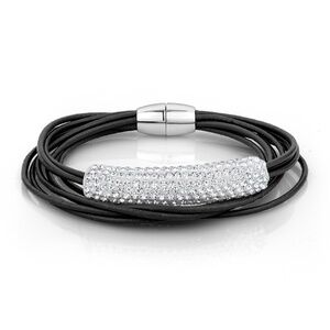 Black Leather Shamballa Tube Bracelet with Magnetic Clasp